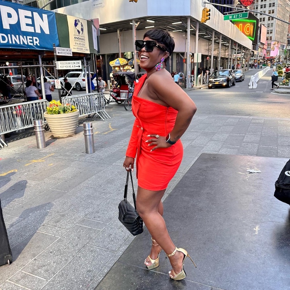 Keep One Up One Sleeved Orange Crepe Tuxedo Blazer Dress